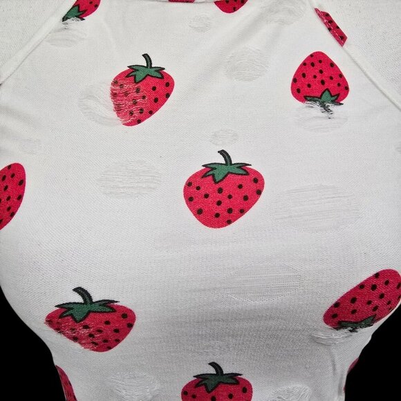 Shein ✦ Strawberry Print Halter Crop Top ✦ Tie-Back Cotton Blend White/Red M - Picture 7 of 11